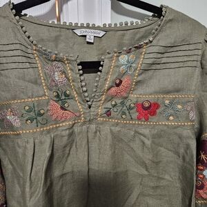 John Mark Embroidered Olive Blouse, NWT